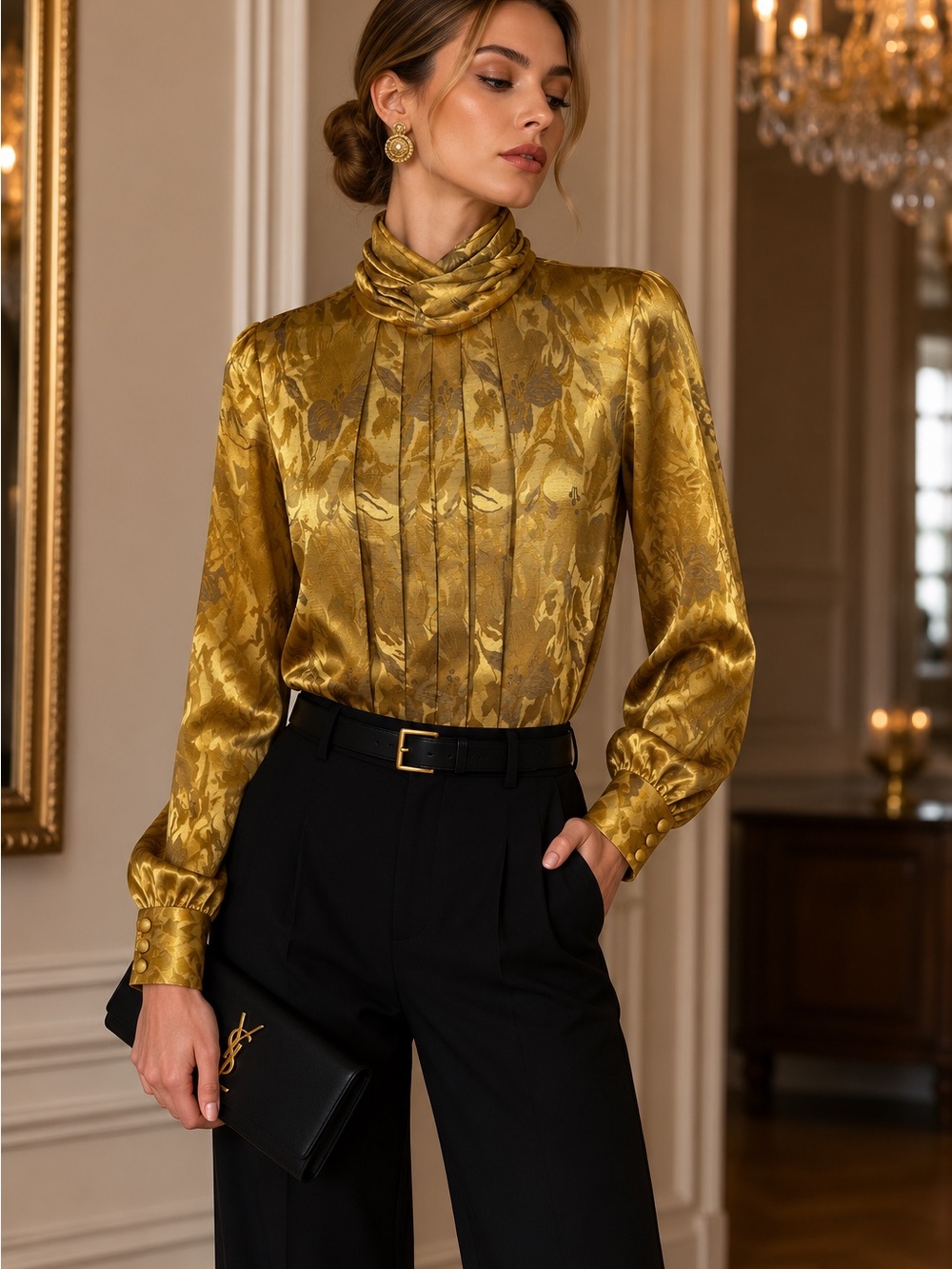 Neil Martin Gold Floral Jacquard High Neck Pleated Blouse Size 8 Vintage